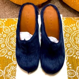 Authentic Dark Blue Long Hair Calfskin Marni Mules